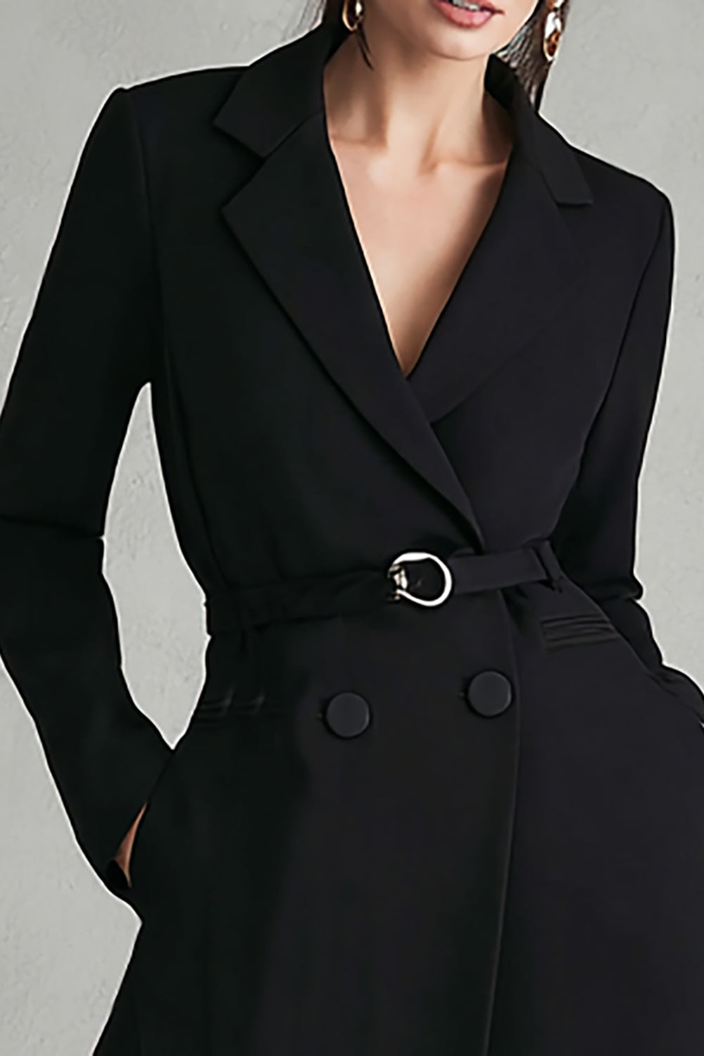 Black Satin A Line Notched Lapel Midi Blazer Dress with Pockets