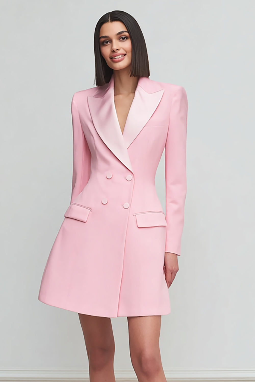 Pink Peak Lapel Long Sleeves Double Breasted Satin Short Blazer Dress