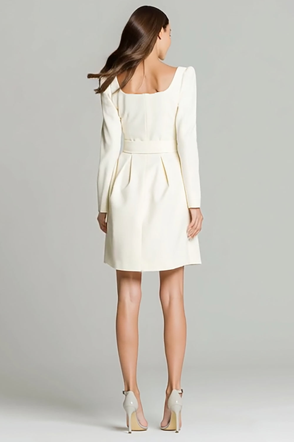 Ivory Satin A Line Square Neck Short Work Dress with Belts