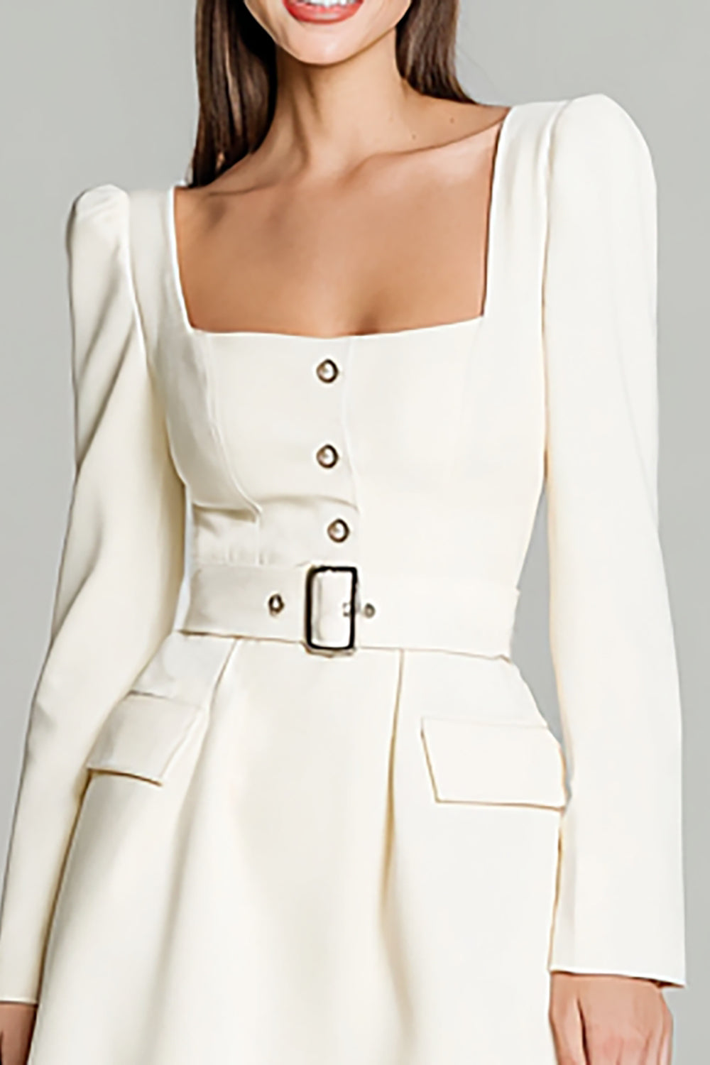 Ivory Satin A Line Square Neck Short Work Dress with Belts