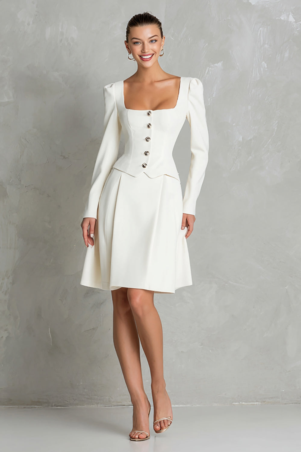Ivory 2 Piece A Line Satin Square Neck Midi Business Suits