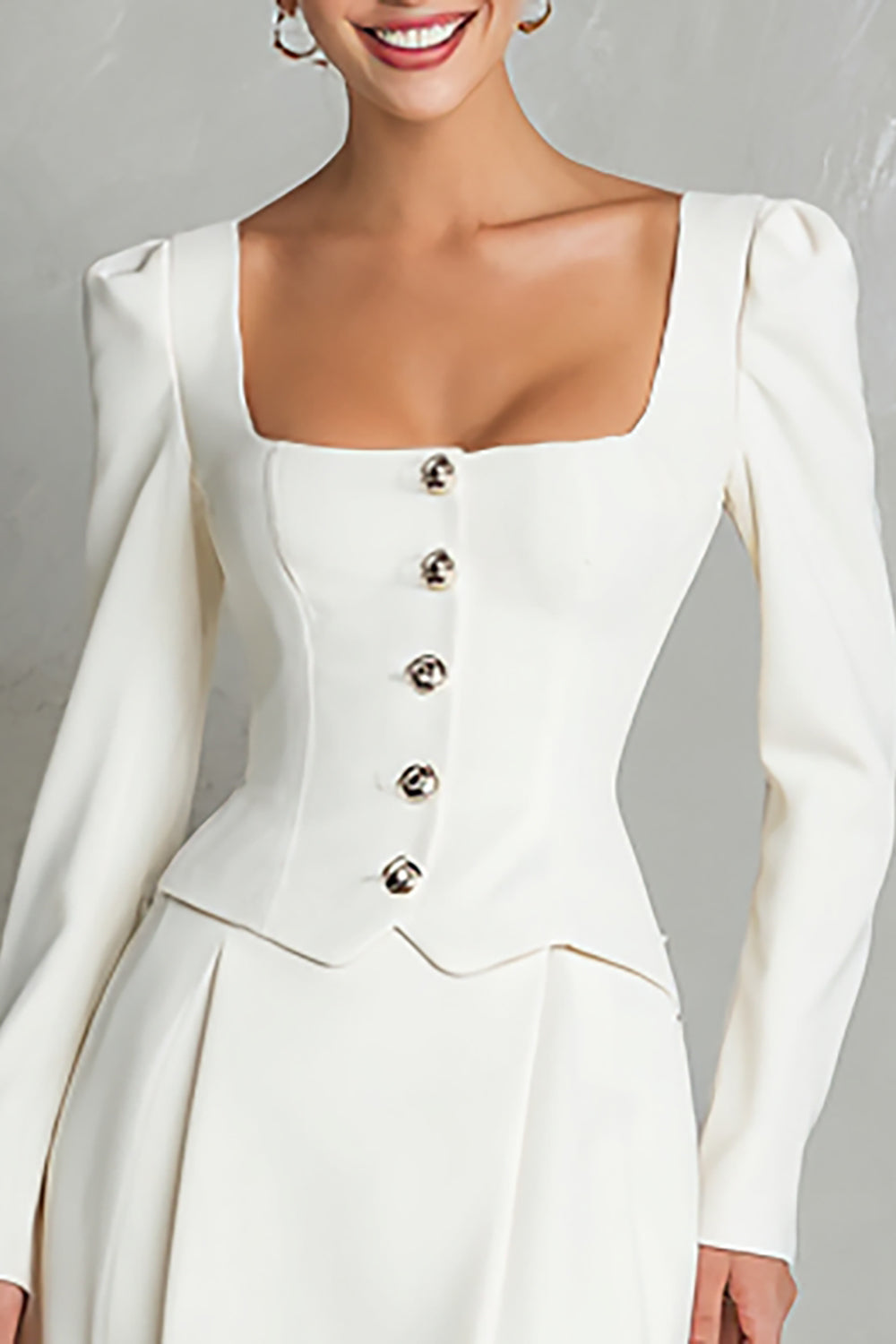 Ivory 2 Piece A Line Satin Square Neck Midi Business Suits