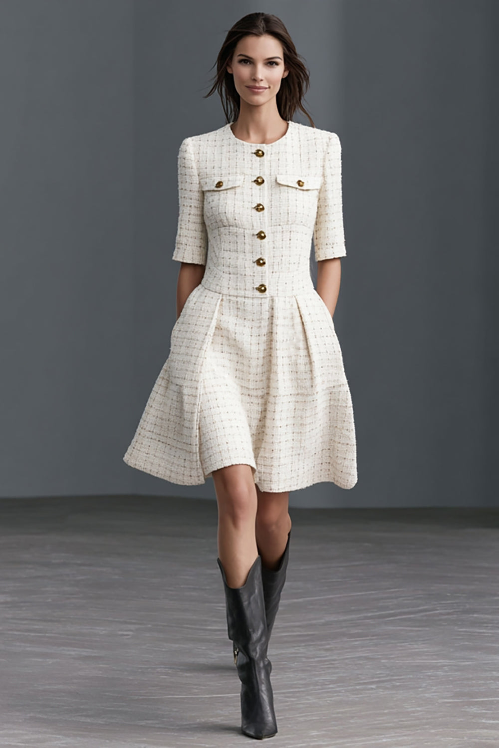 Ivory A Line Round Neck Tweed Short Work Dress with Pockets