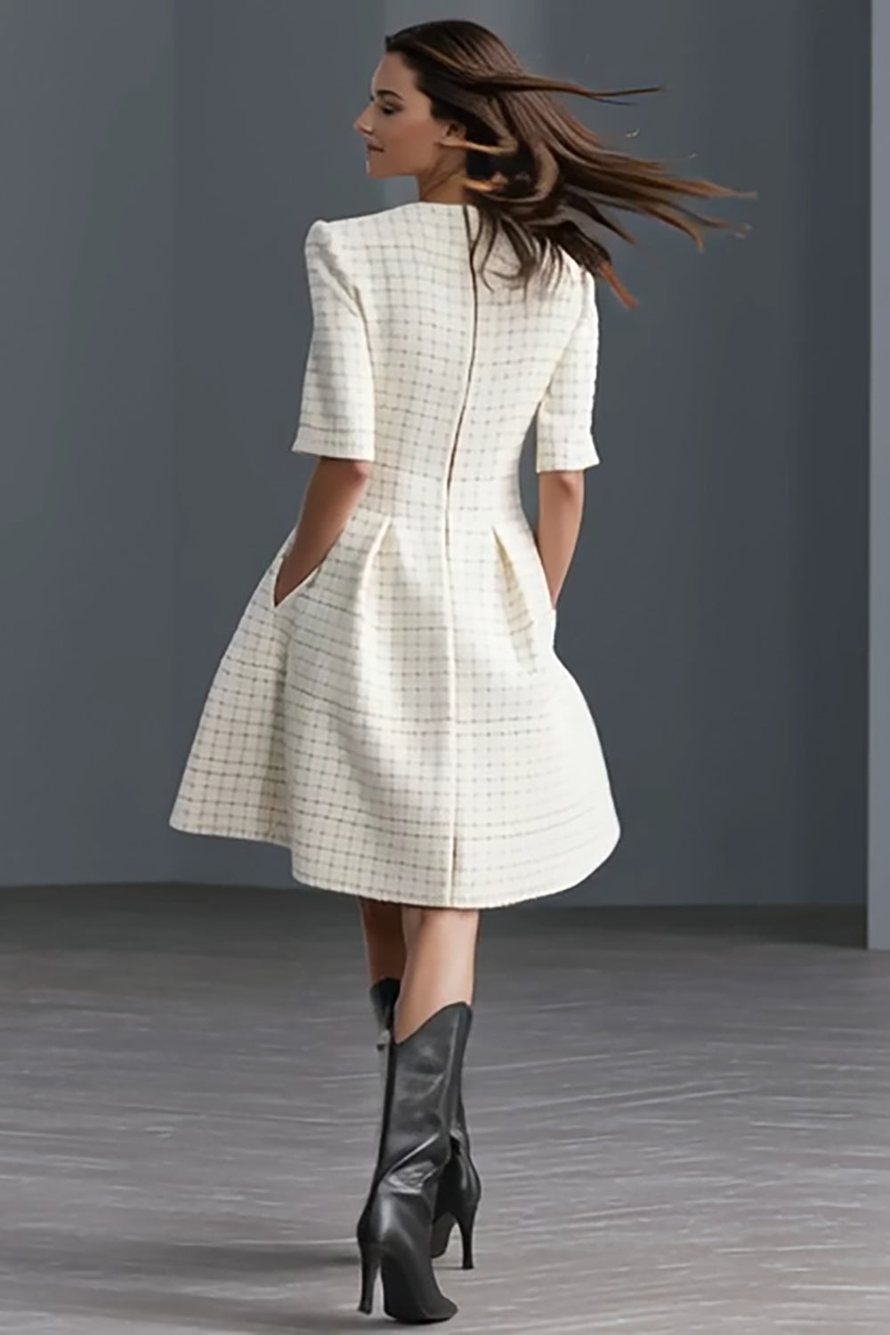 Ivory A Line Round Neck Tweed Short Work Dress with Pockets