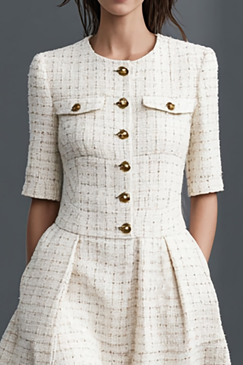 Ivory A Line Round Neck Tweed Short Work Dress with Pockets
