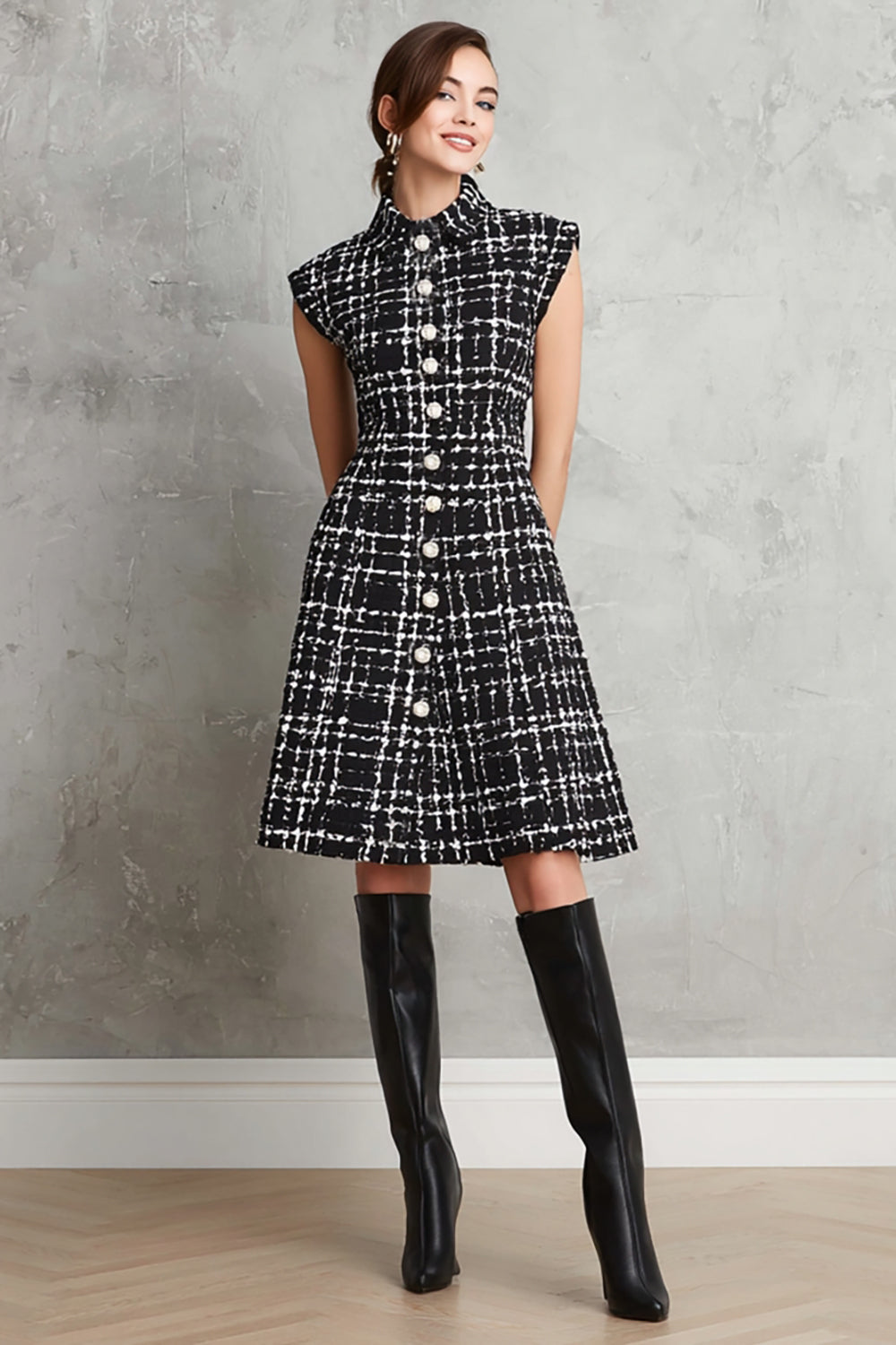 Black A Line Tweed Single Breasted Plaid Midi Interview Dress