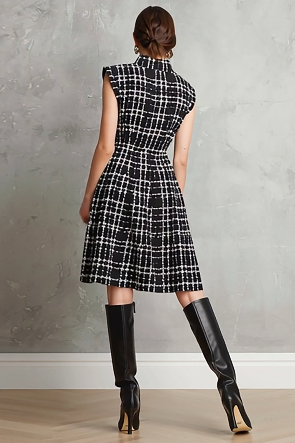 Black A Line Tweed Single Breasted Plaid Midi Interview Dress