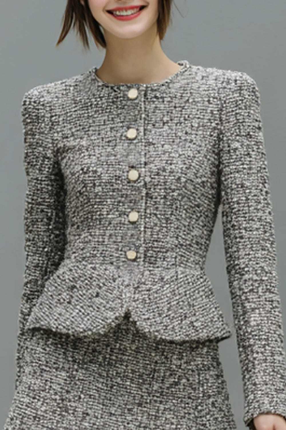 2 Piece Grey Single Breasted Tweed Mini Work Outfits