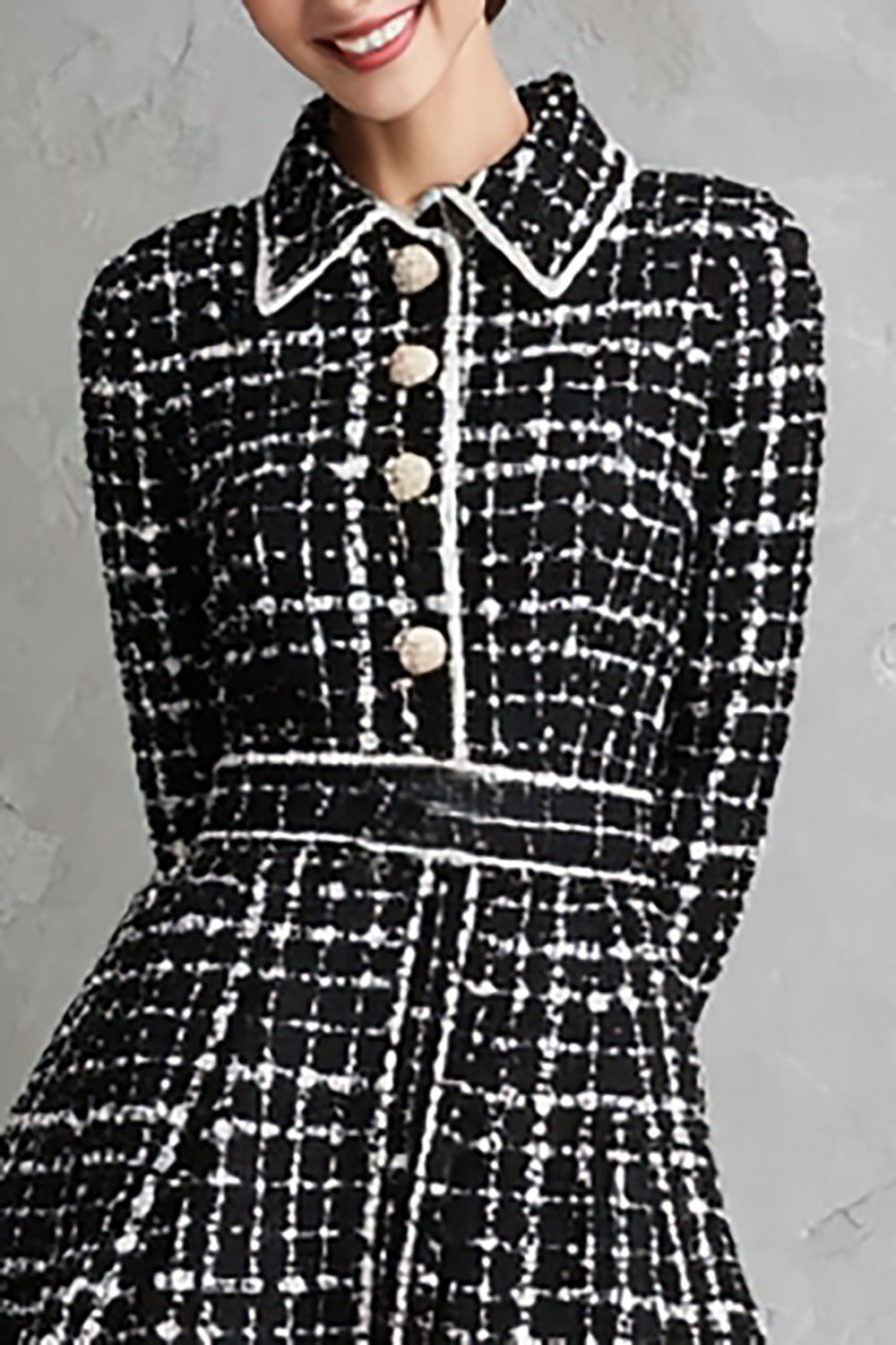 Black A-Line Collar Neck Tweed Short Work Dress