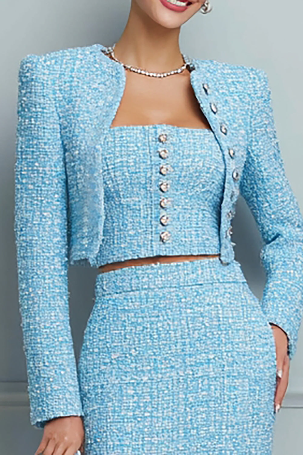3 Piece Light Blue Tweed Pencil Midi Pageant Interview Outfits