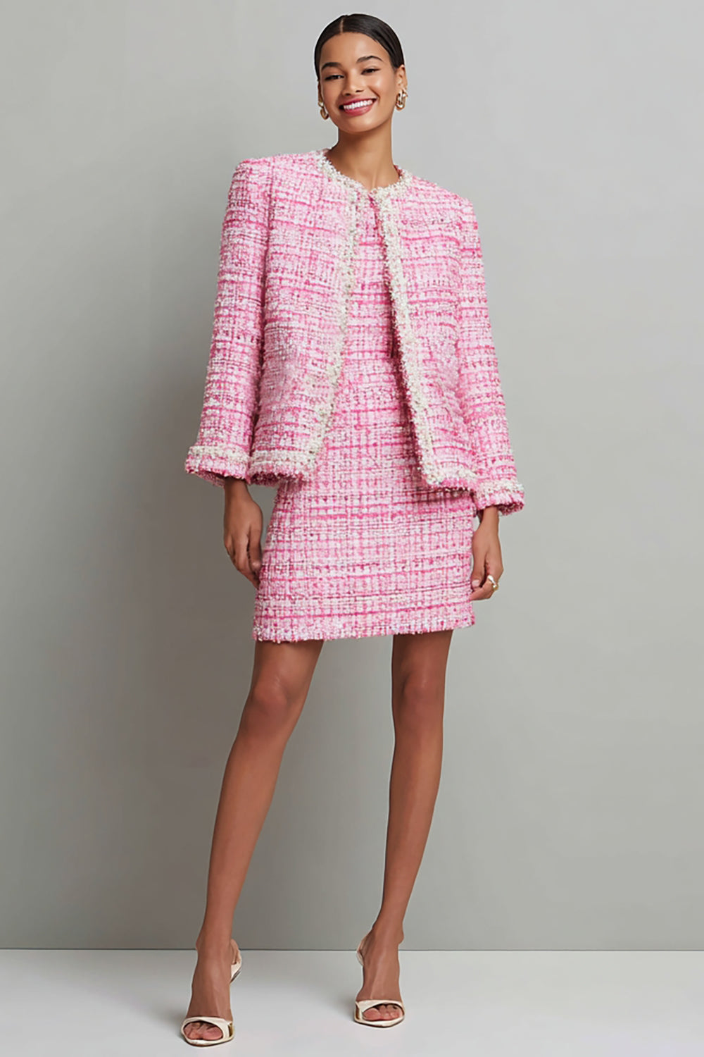 Cute Pink Tweed Pencil Round Neck Short Homecoming Outfits