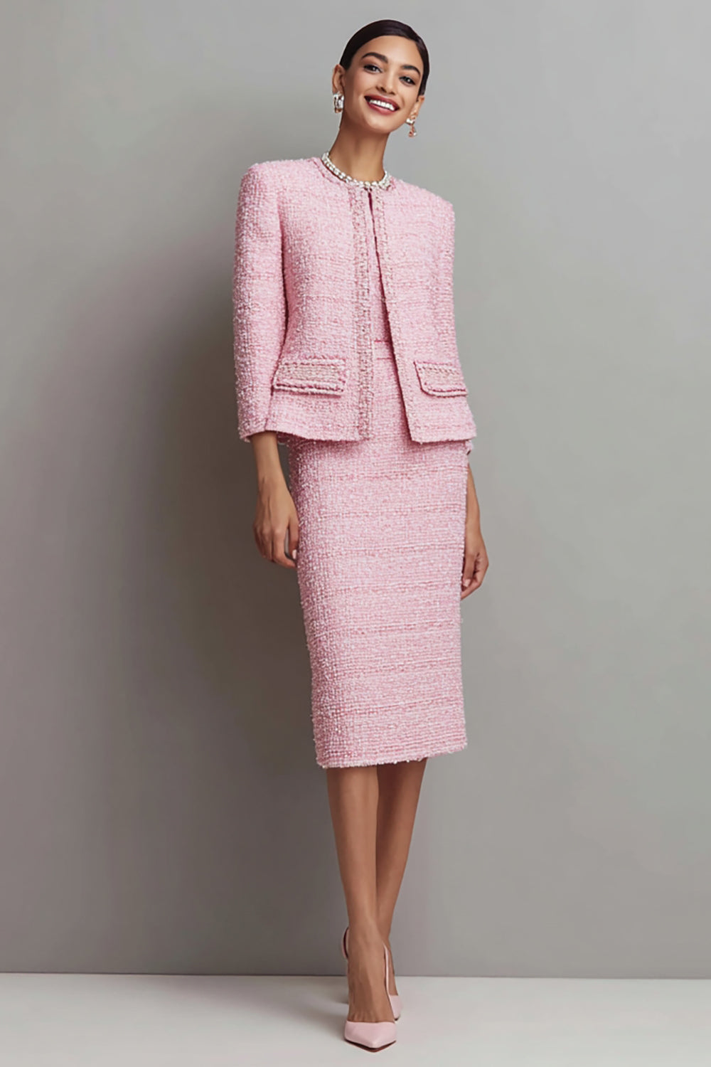 Dresstells Women Elegant Pink 2 Piece Tweed Midi Pageant Interview Outfits Pencil Round Neck Business Skirts Suits with Sleeves