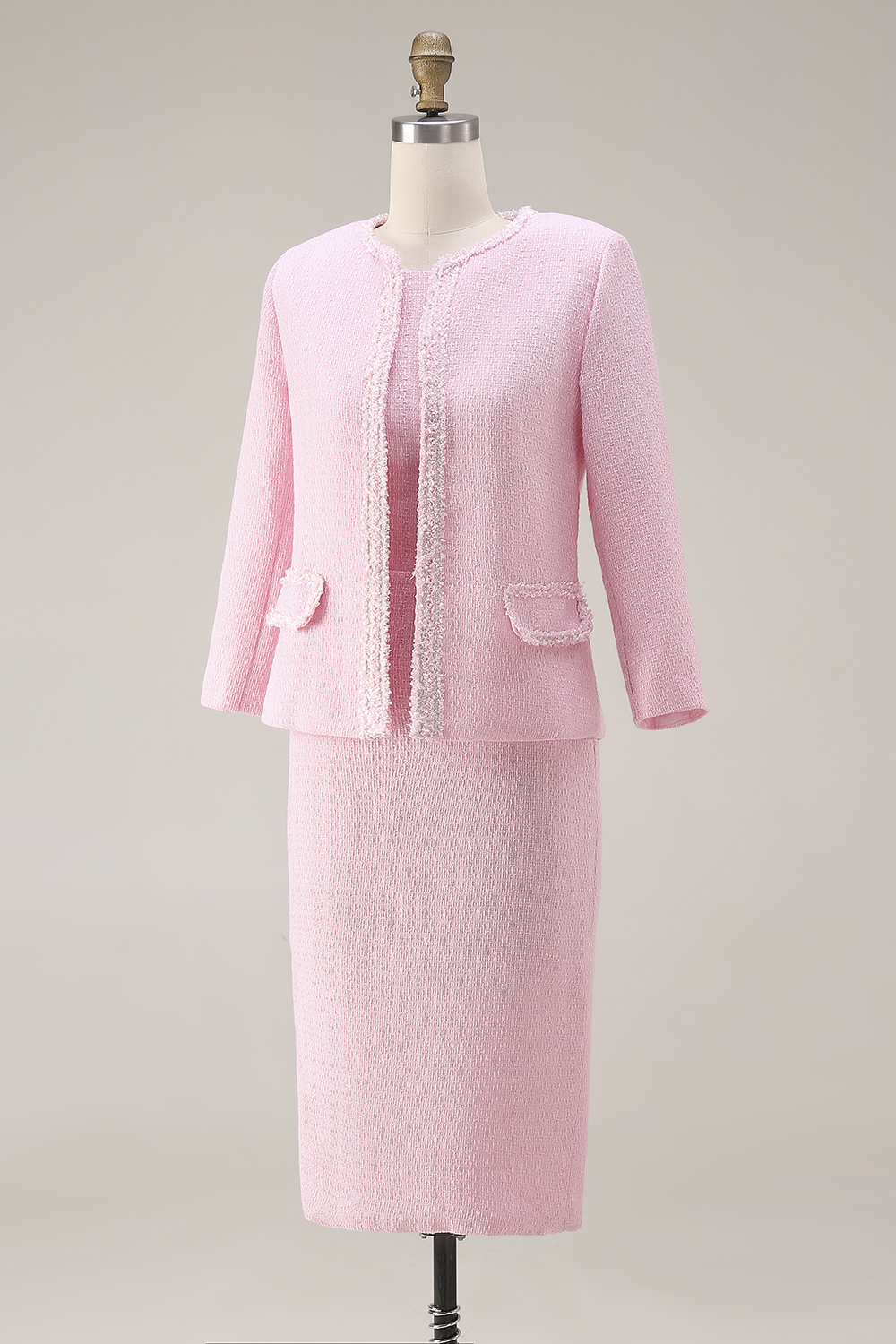 Pink 2 Piece Tweed Round Neck Pencil Midi Pageant Interview Outfits