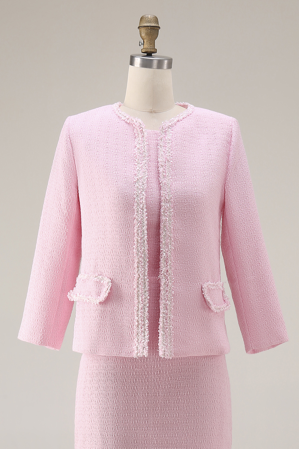 Pink 2 Piece Tweed Round Neck Pencil Midi Pageant Interview Outfits