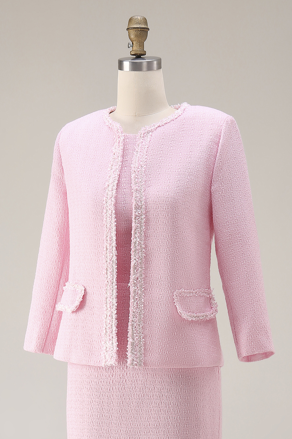 Pink 2 Piece Tweed Round Neck Pencil Midi Pageant Interview Outfits