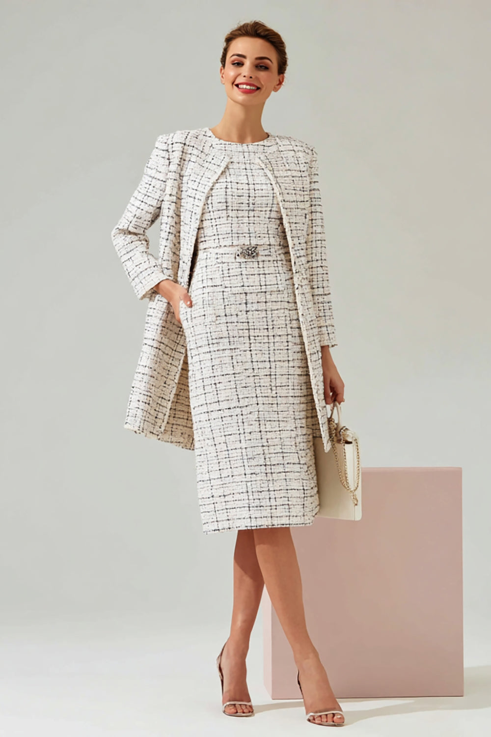 Dresstells Women 2 Piece Black Grid Pencil Midi Pageant Interview Outfits Round Neck Mix Tweed Work Dress with Sleeves