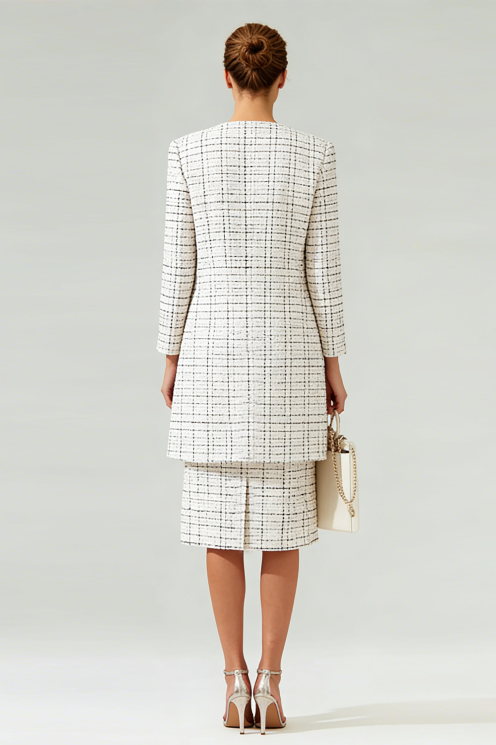 2 Piece Black Grid Mix Round Neck Midi Tweed Pageant Interview Outfits