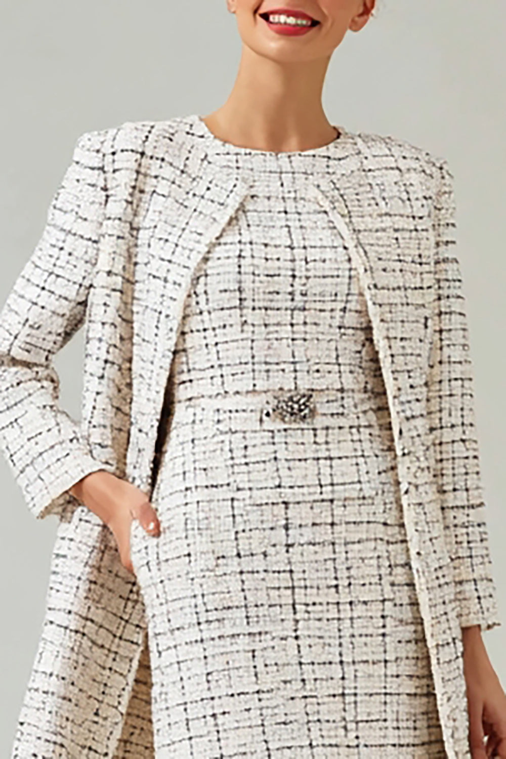 2 Piece Black Grid Mix Round Neck Midi Tweed Pageant Interview Outfits