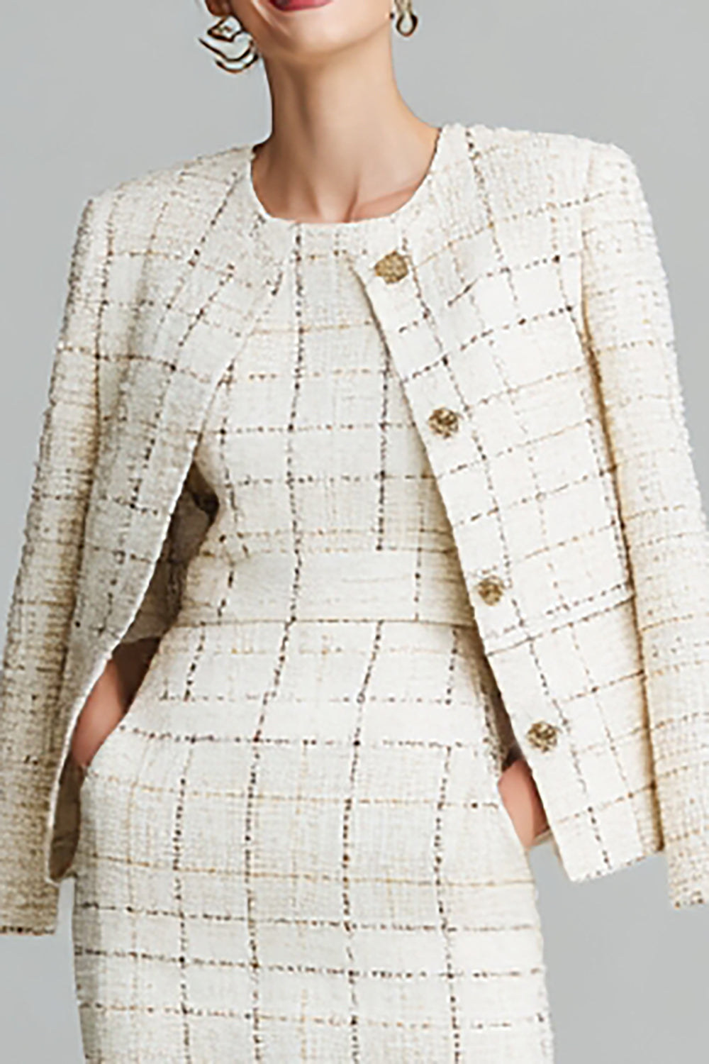 Black Grid 2 Piece Tweed Plaid Mix Midi Pageant Interview Outfits with Pockets