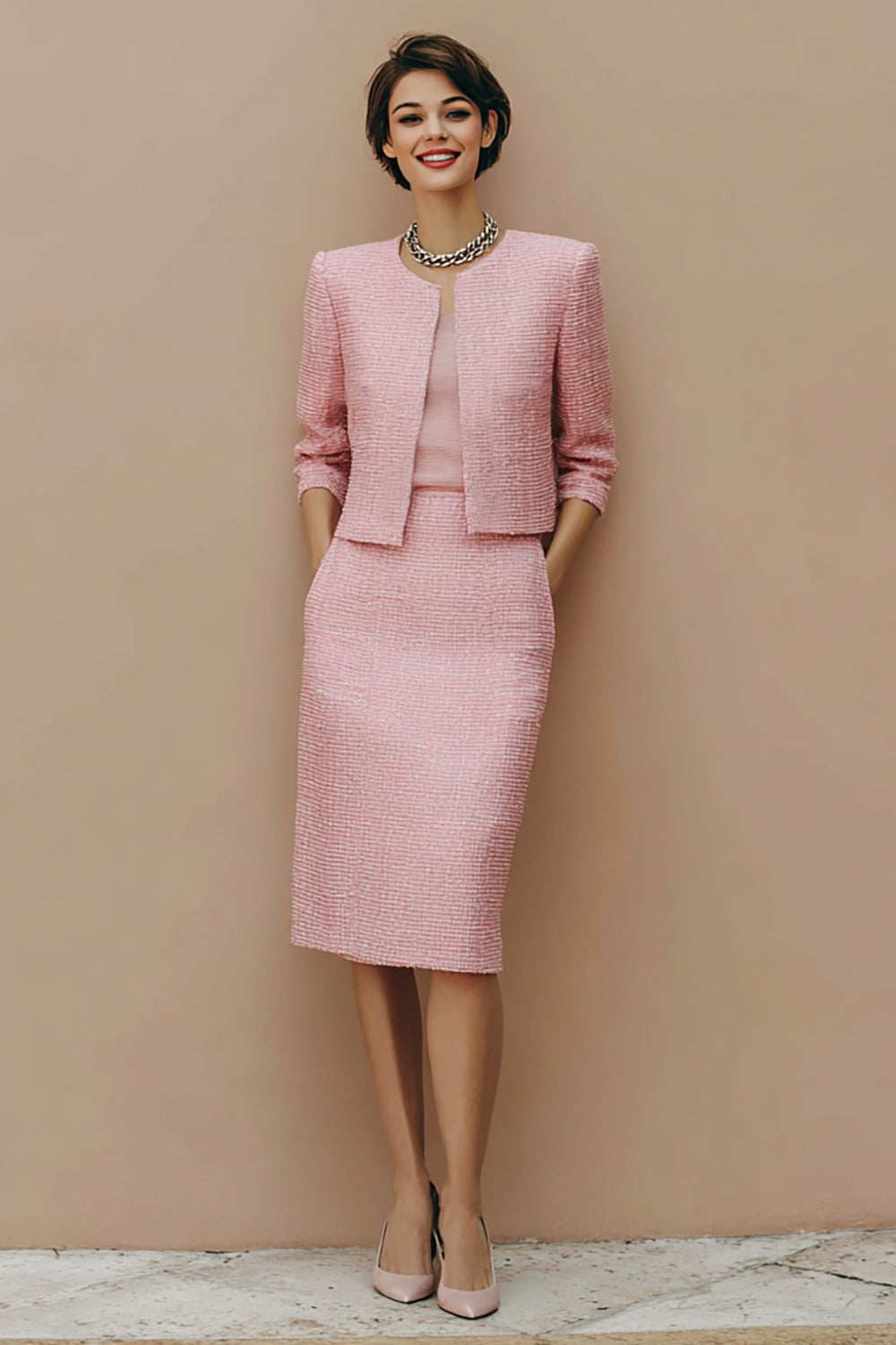 Pink 2 Piece Pencil Tweed Midi Pageant Interview Outfits with Sleeves