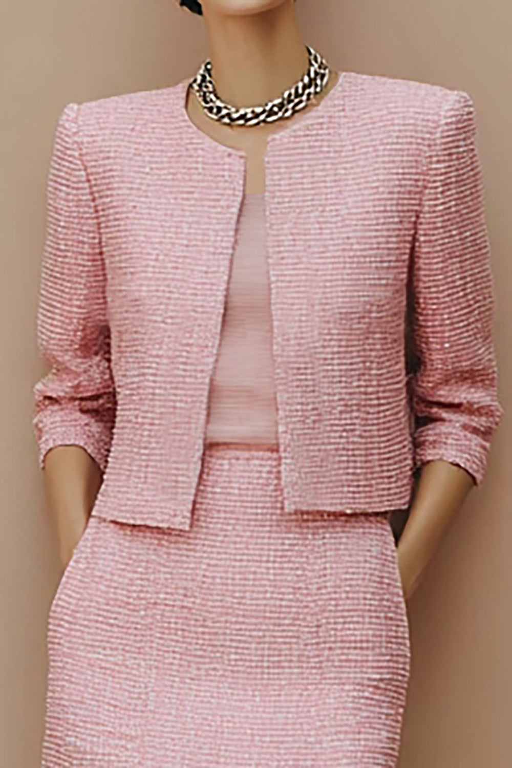 Pink 2 Piece Pencil Tweed Midi Pageant Interview Outfits with Sleeves