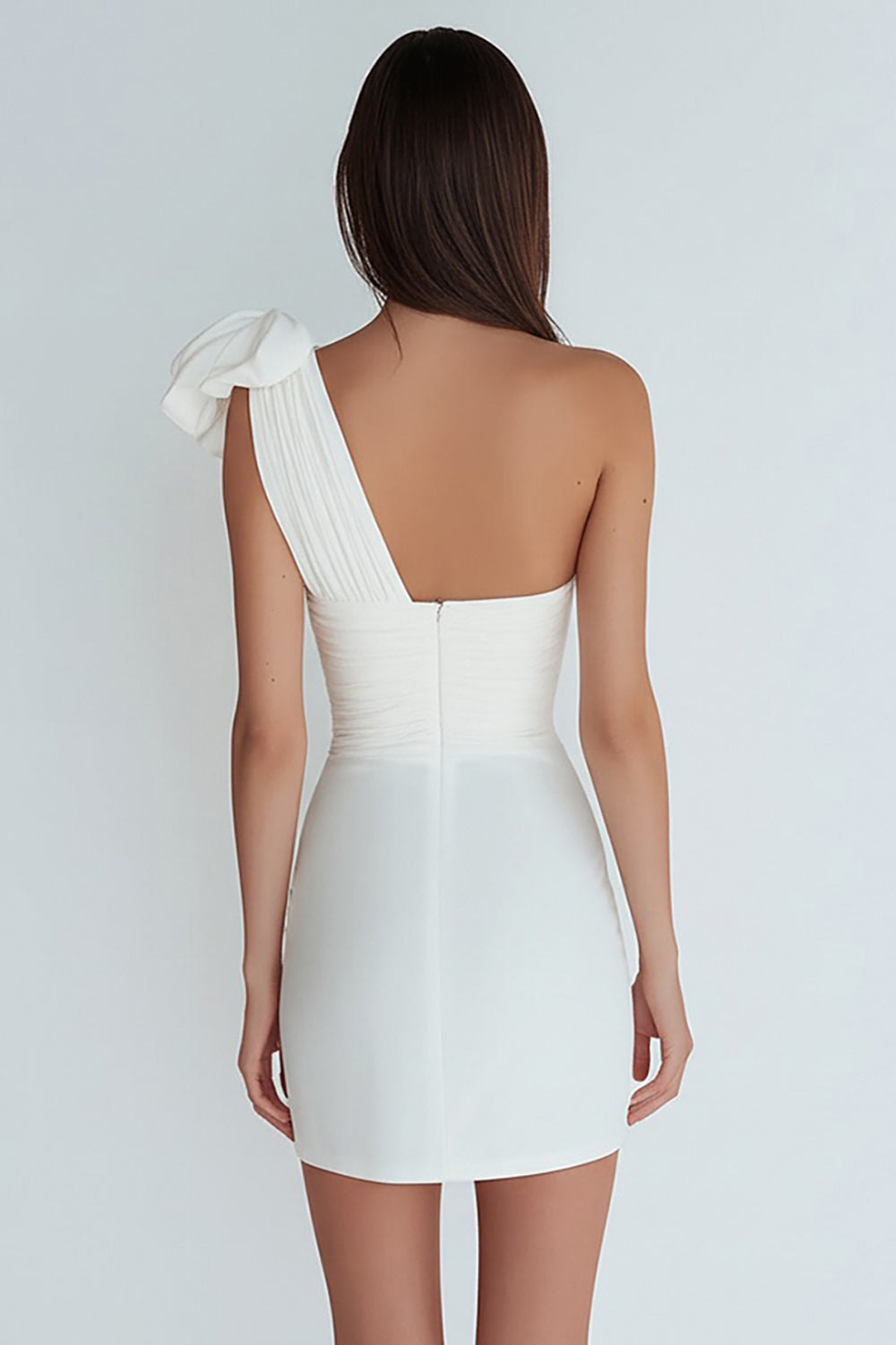 Ivory One Shoulder Tight Ruched Short Satin Cocktail Dress with Bow