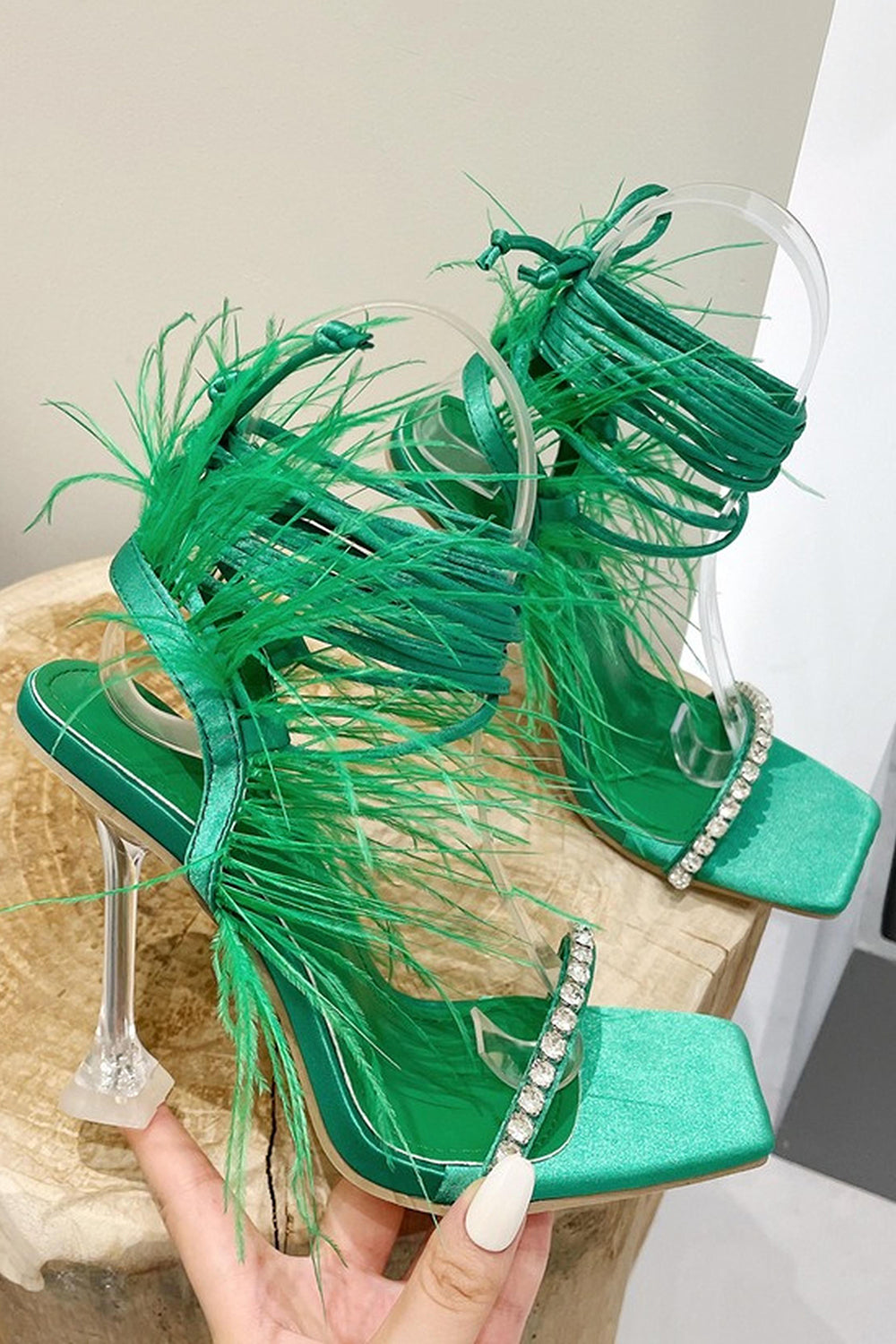 Sparkly Fuchsia Rhinestone Strappy Gladiator Stiletto High Heel Sandals with Feather