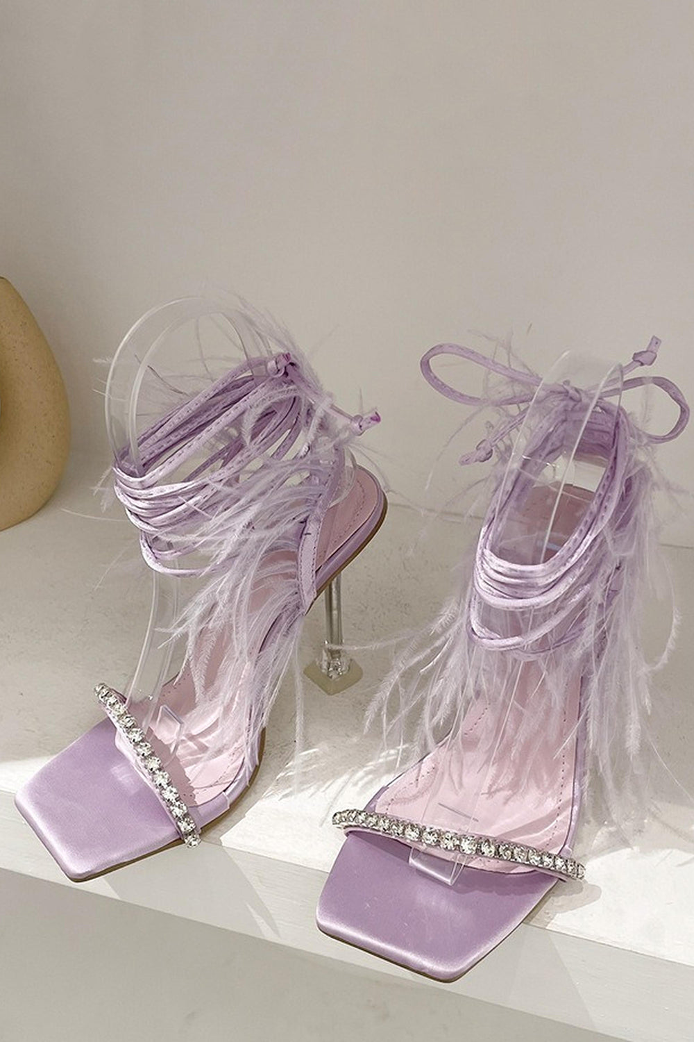 Sparkly Fuchsia Rhinestone Strappy Gladiator Stiletto High Heel Sandals with Feather
