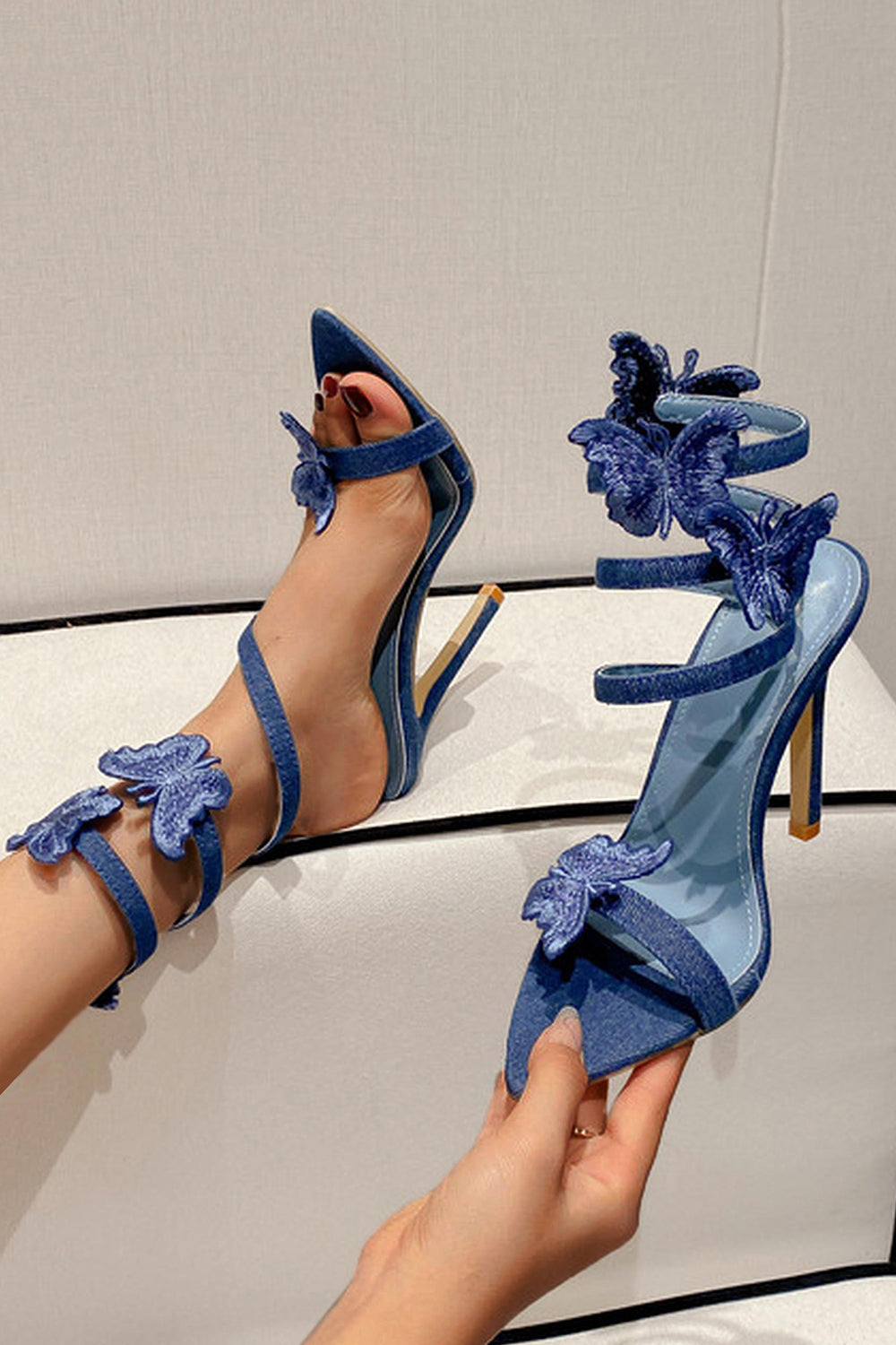 Dark Blue Wrap Up Strappy Gladiator Stiletto High Heel Sandals with Butterfly