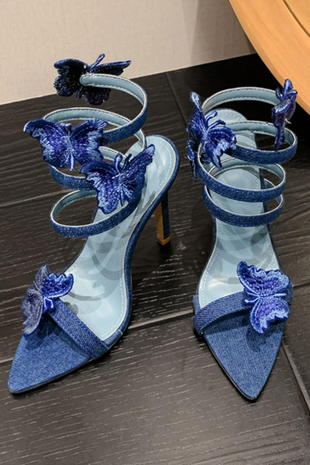 Dark Blue Wrap Up Strappy Gladiator Stiletto High Heel Sandals with Butterfly