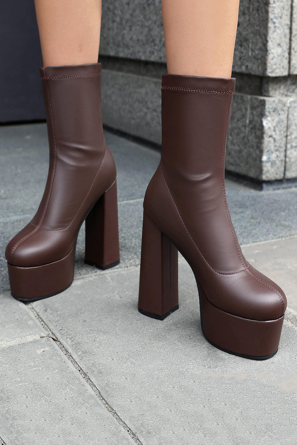 White Go Go Round Toe Chunky Platform Heeled Ankle Boots