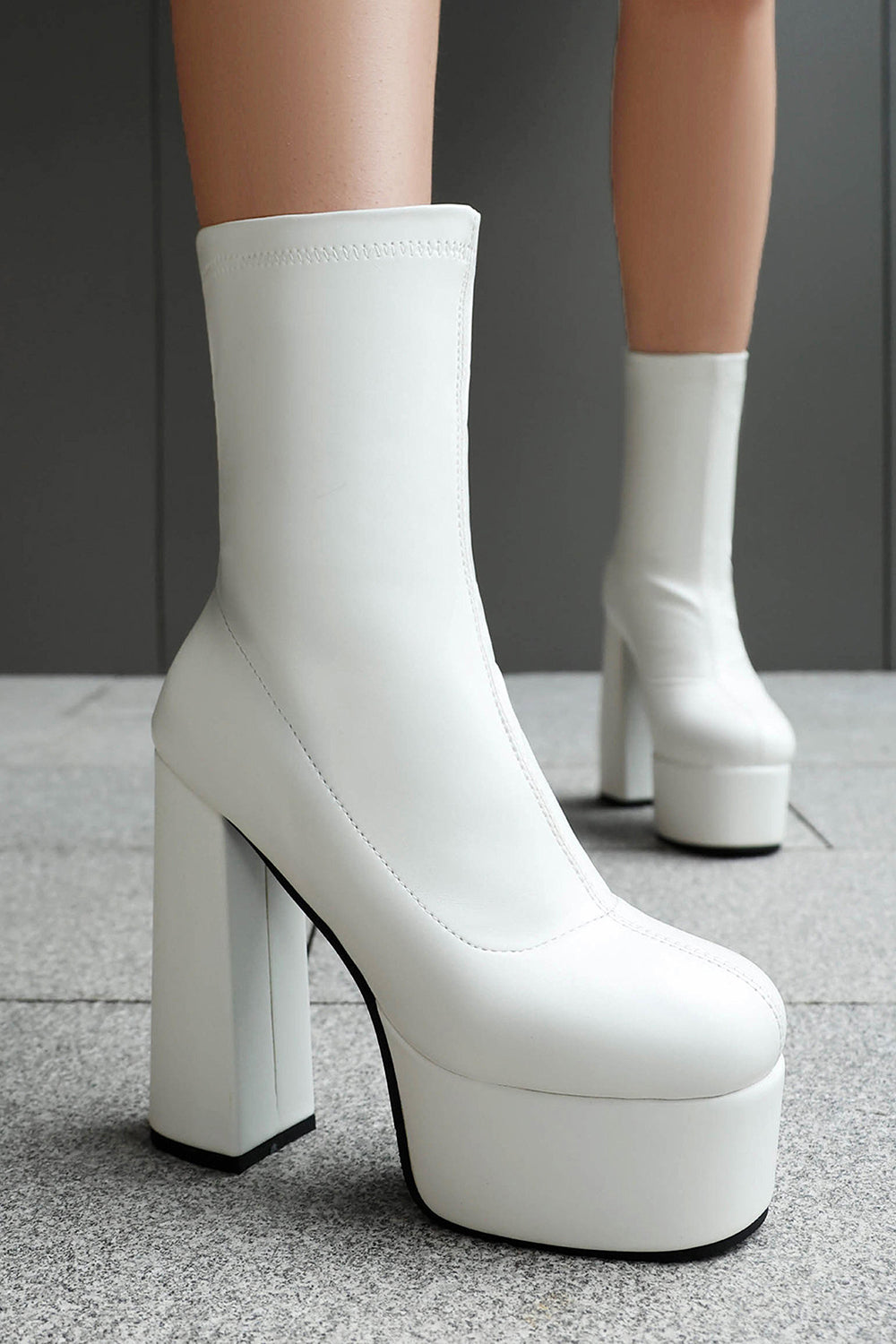 White Go Go Round Toe Chunky Platform Heeled Ankle Boots