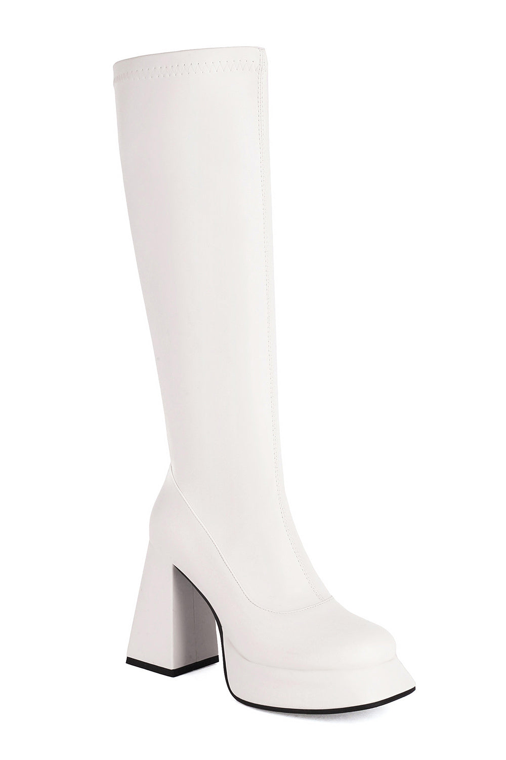 White Go Go Square Toe Chunky Platform Knee High Heel Boots