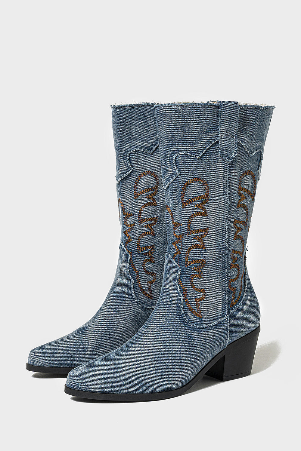 Dark Blue Embroidered Mid Calf Chunky Heel Western Cowgirl Boots