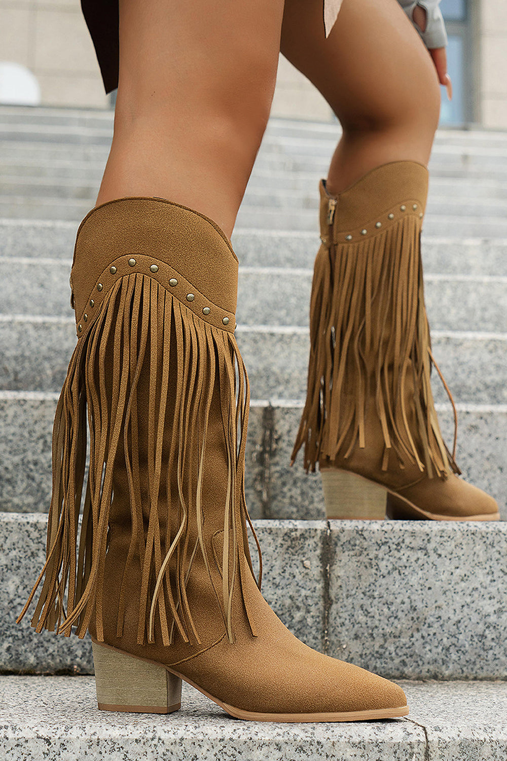 Brown Leopard Chunky Heel  Mid Calf Western Cowgirl Boots with Fringes