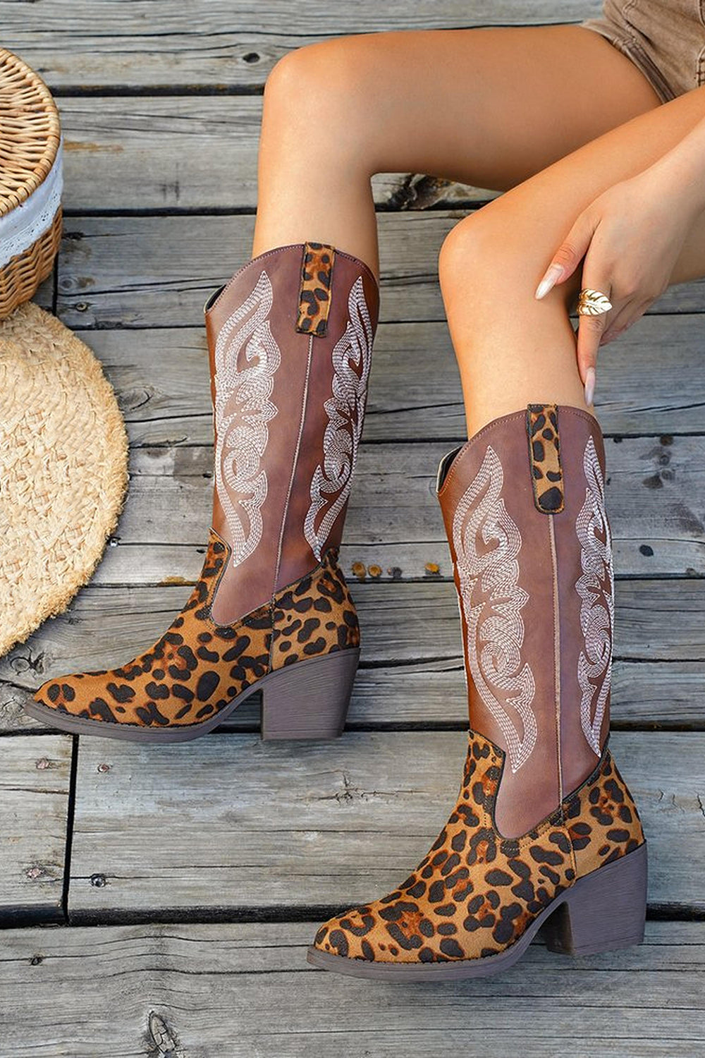 Brown Leopard Wide Calf Pointed Toe Chunky Heel Western Cowgirl Boots