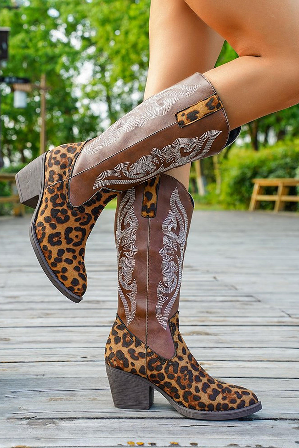 Brown Leopard Wide Calf Pointed Toe Chunky Heel Western Cowgirl Boots