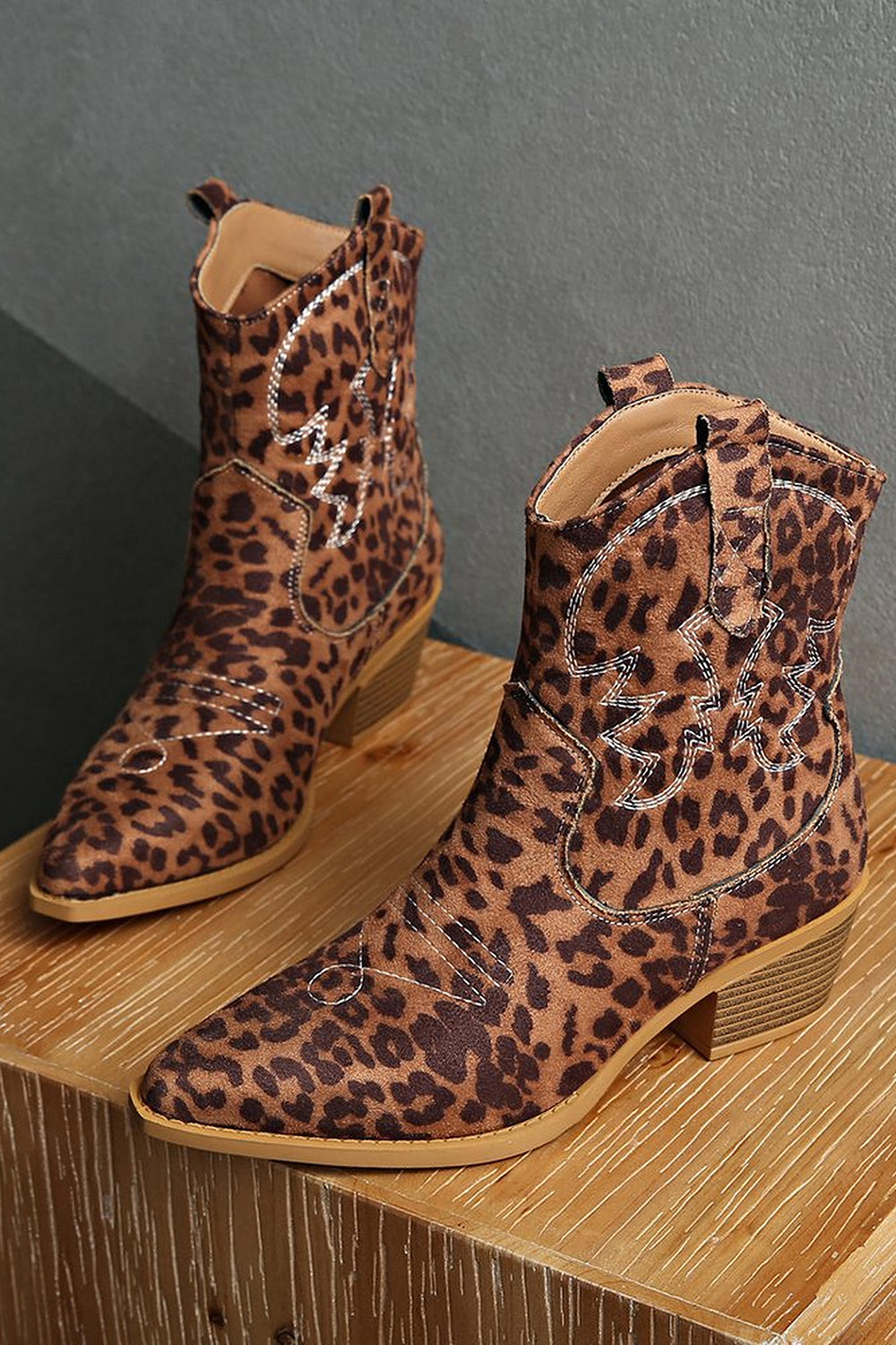 Brown Leopard Wide Calf Pointed Toe Chunky Heel Cowgirl Ankle Boots