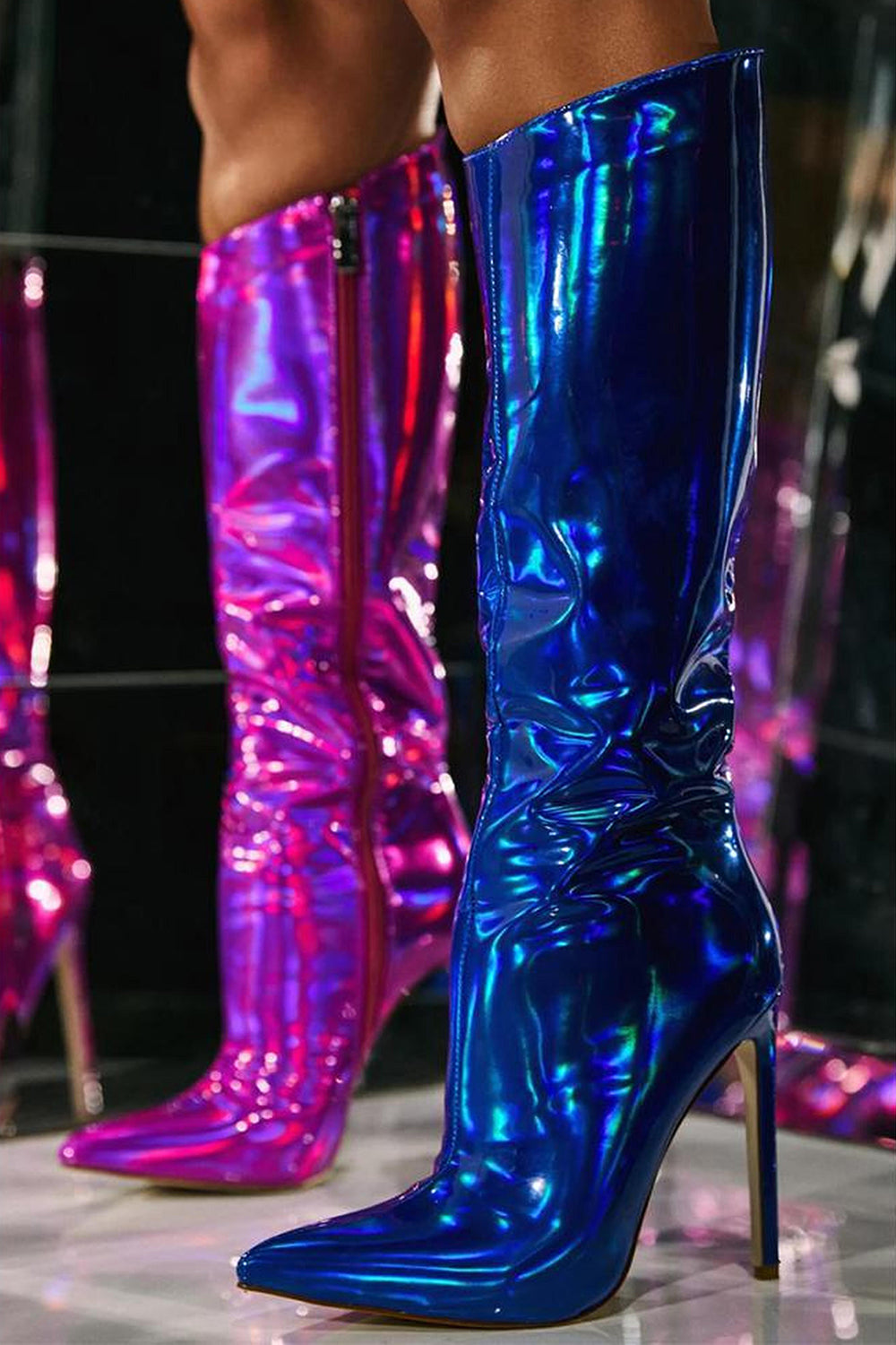 Sparkly Hot Pink Stiletto Pointed Toe Knee High Heel Boots