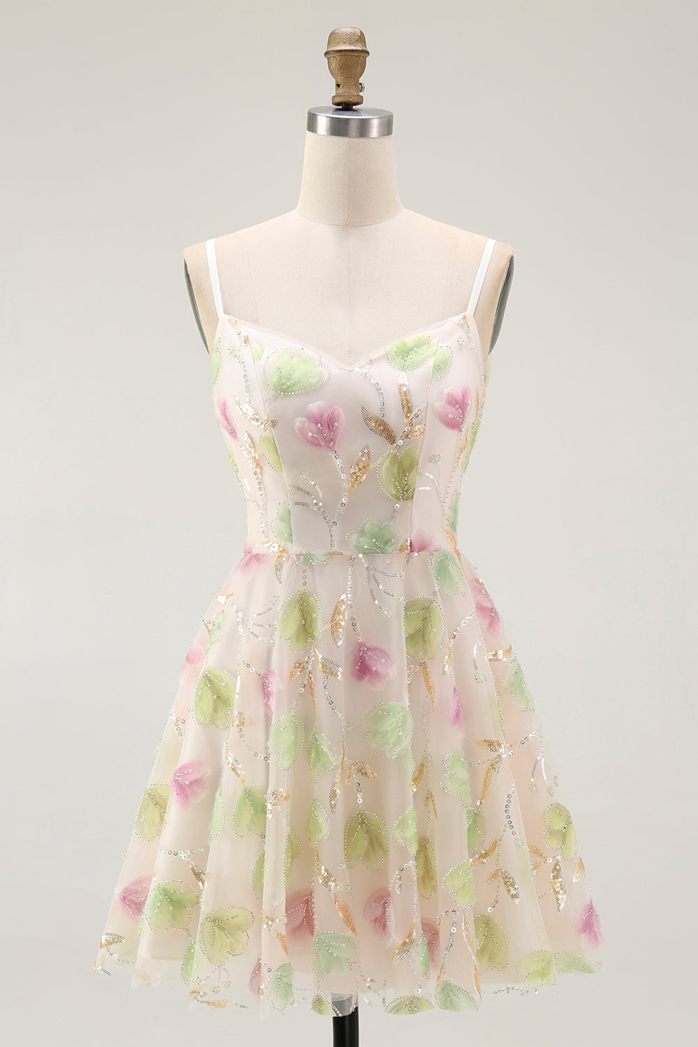 Sparkly Floral Apricot Spaghetti Straps Short Homecoming Dress with Sequins