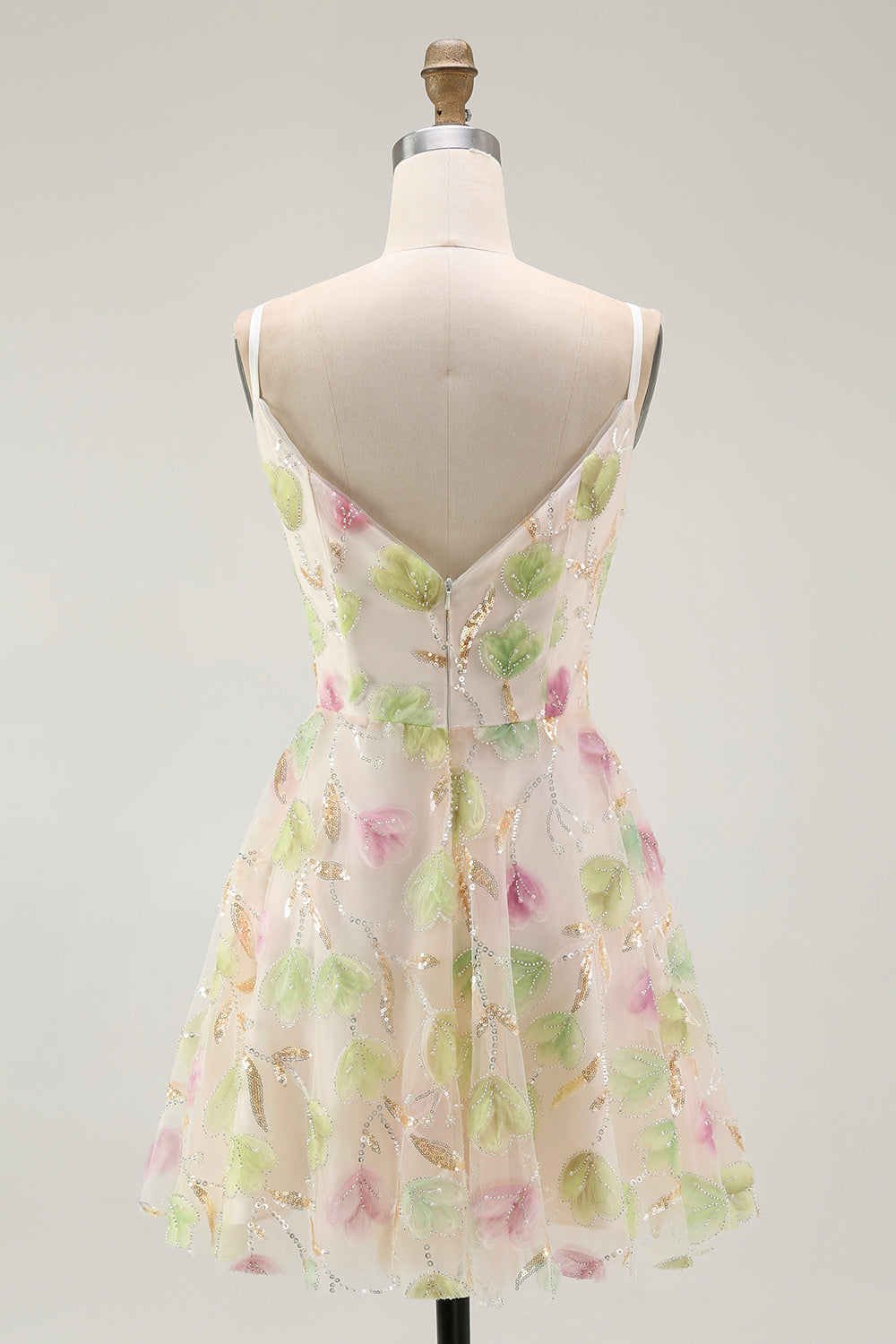 Sparkly Floral Apricot Spaghetti Straps Short Homecoming Dress with Sequins