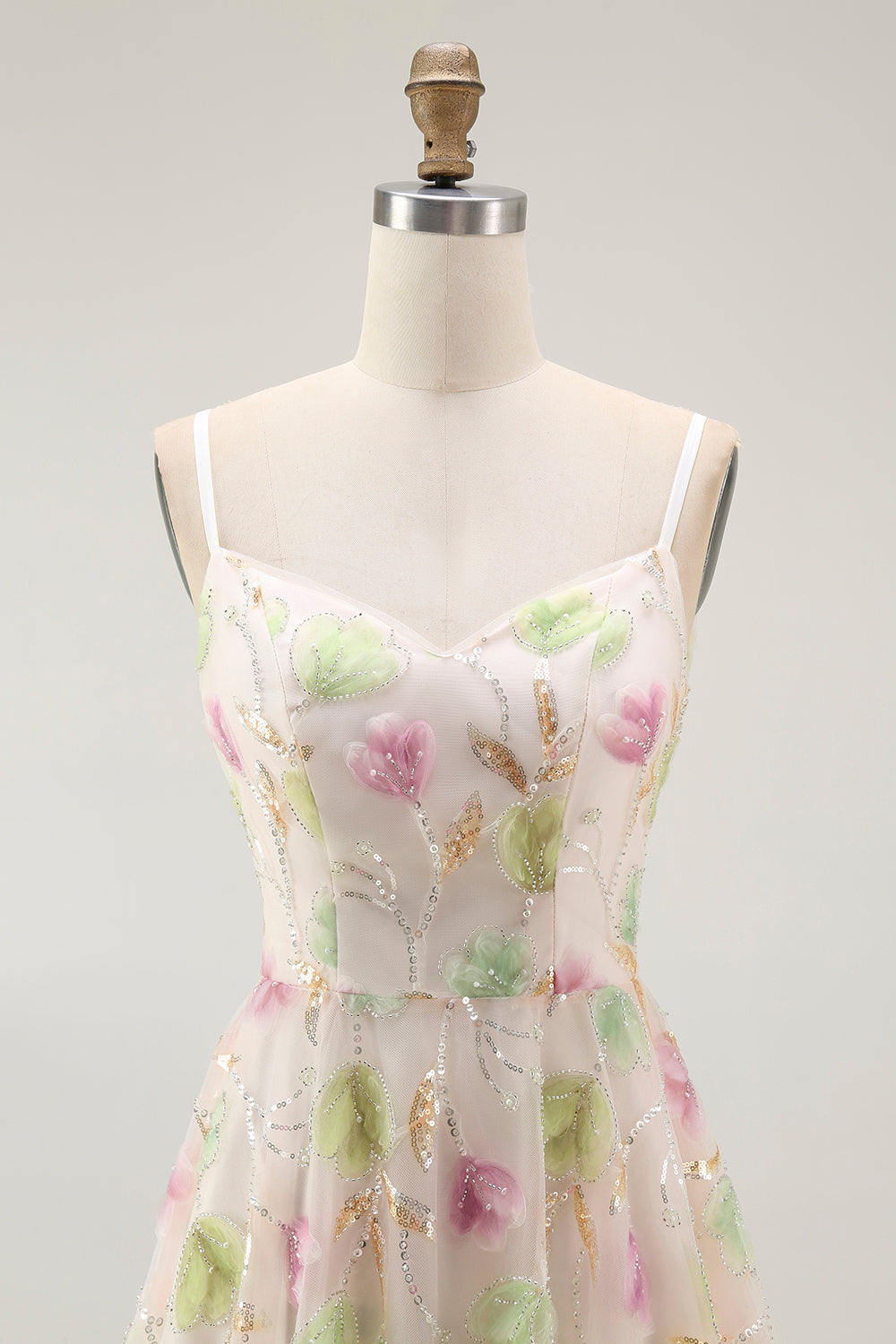 Sparkly Floral Apricot Spaghetti Straps Short Homecoming Dress with Sequins