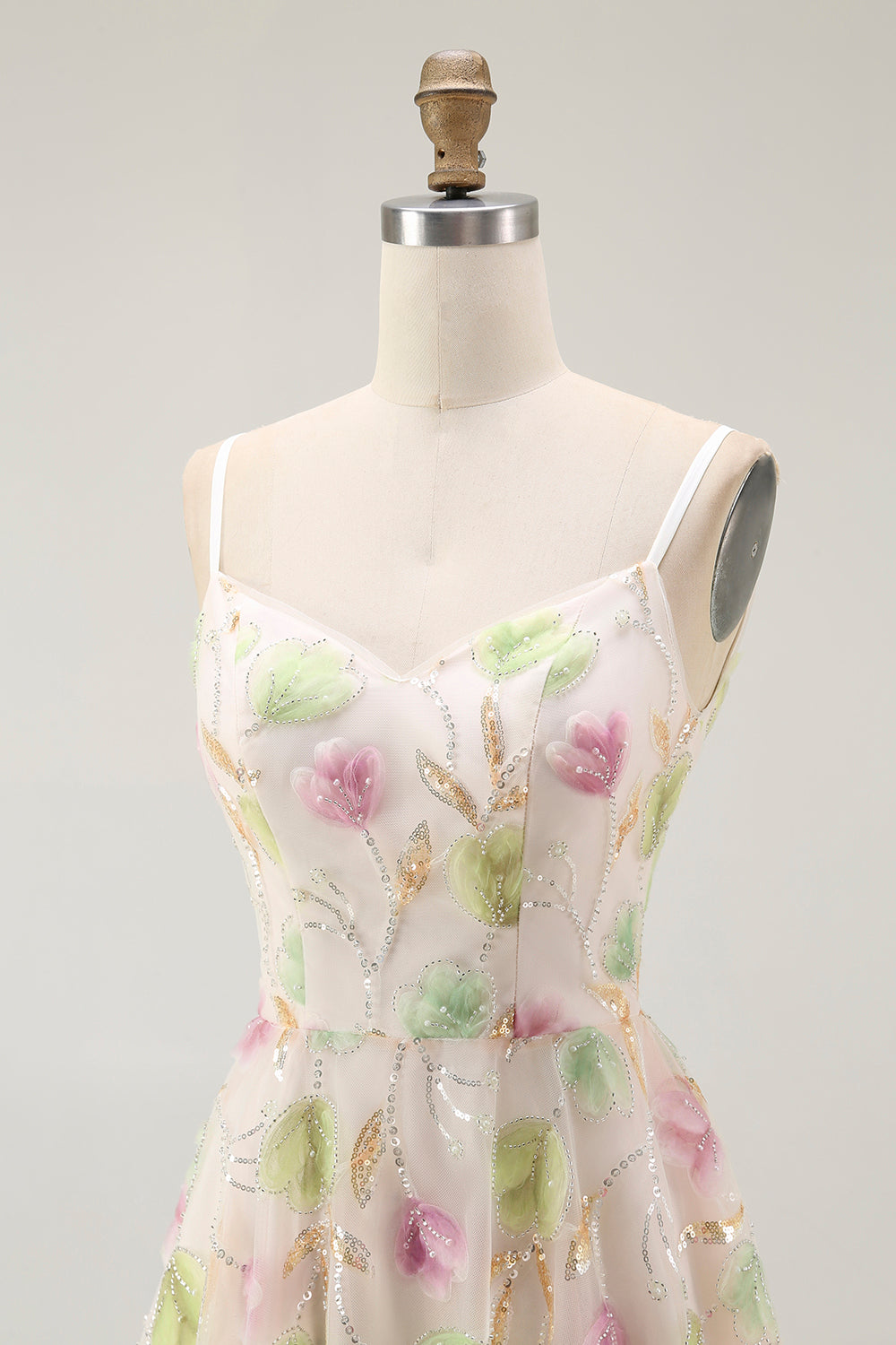 Sparkly Floral Apricot Spaghetti Straps Short Homecoming Dress with Sequins