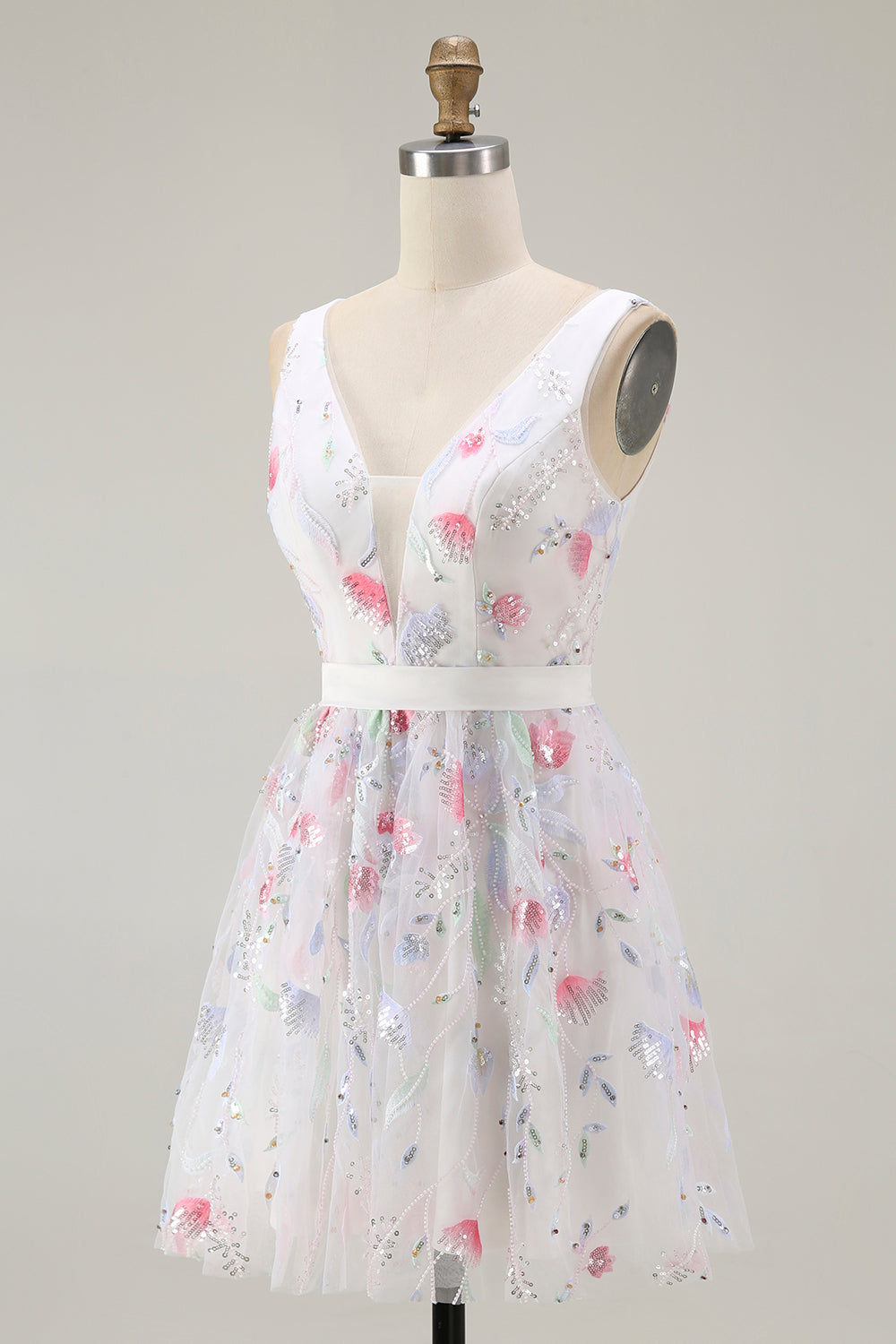 Sparkly White A Line V-Neck Short Homecoming Dress with Sequins