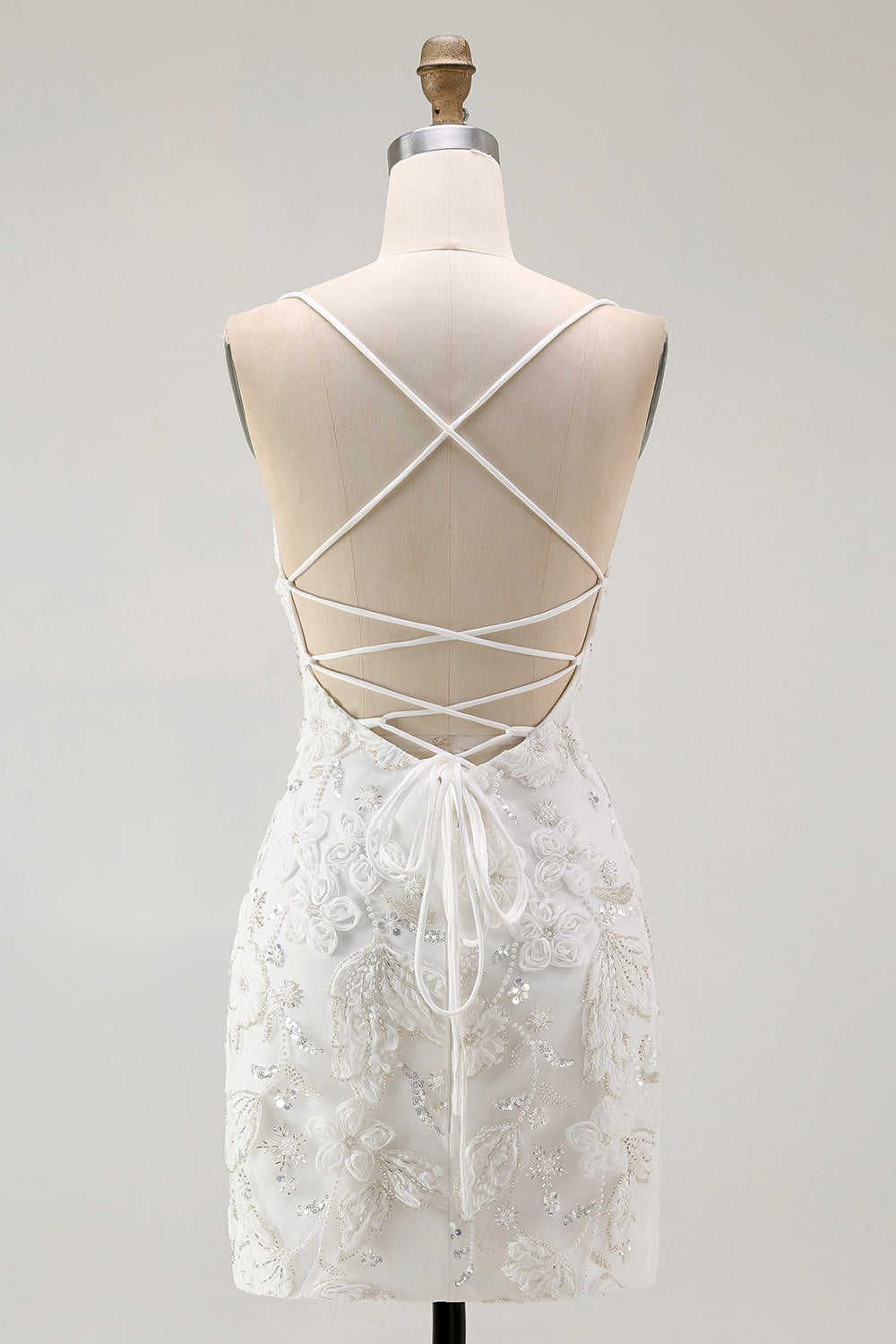 Sparkly Floral White Tight Lace Up Back Short Homecoming Dress