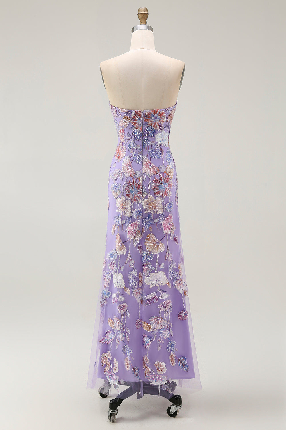 Sparkly Purple Strapless Floral Long Wedding Guest Dress with Beading
