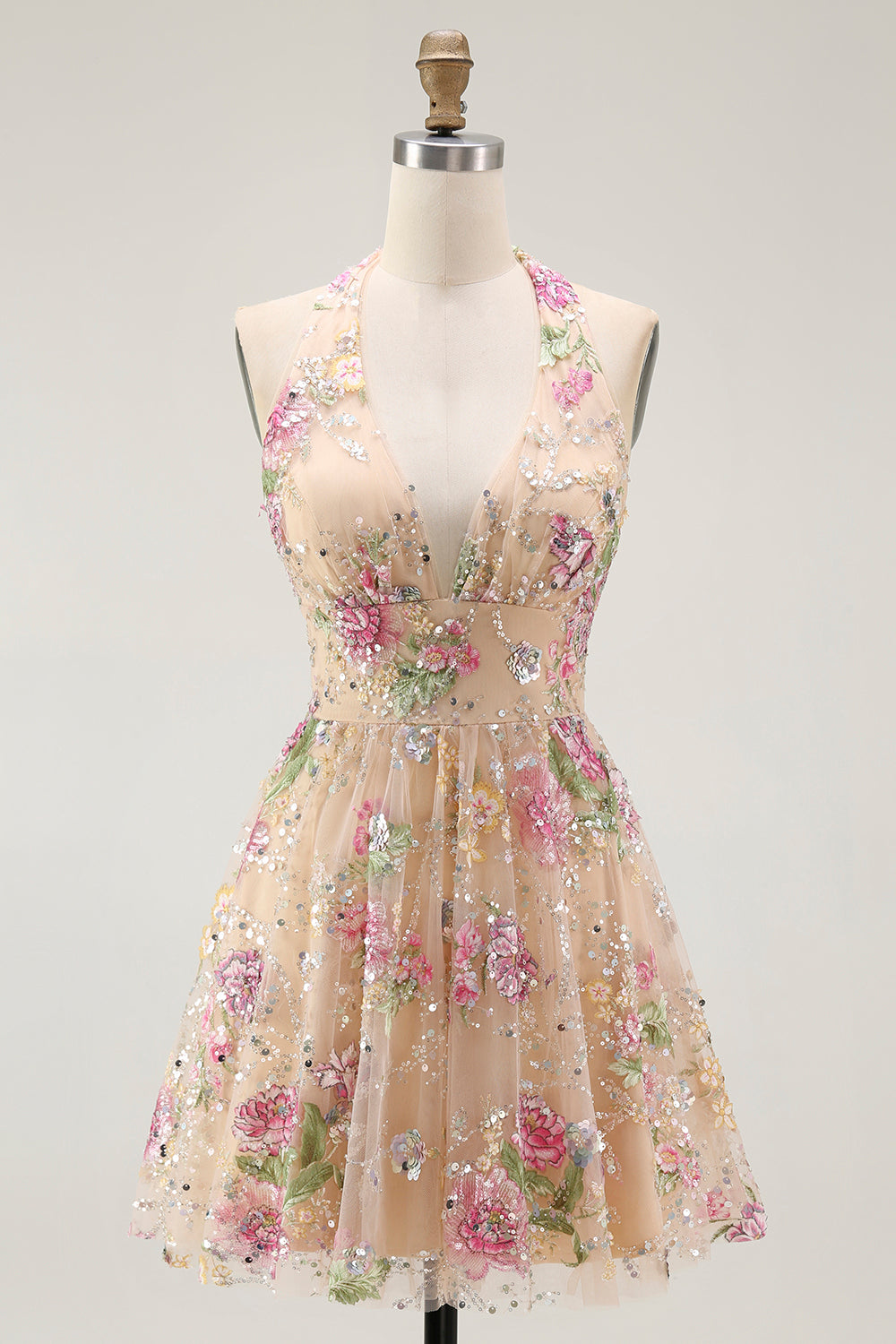 Sparkly Floral Champagne A Line Halter Short Homecoming Dress with Sequins