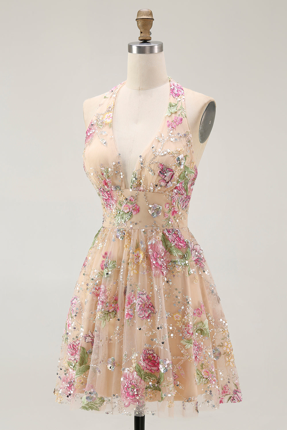 Sparkly Floral Champagne A Line Halter Short Homecoming Dress with Sequins
