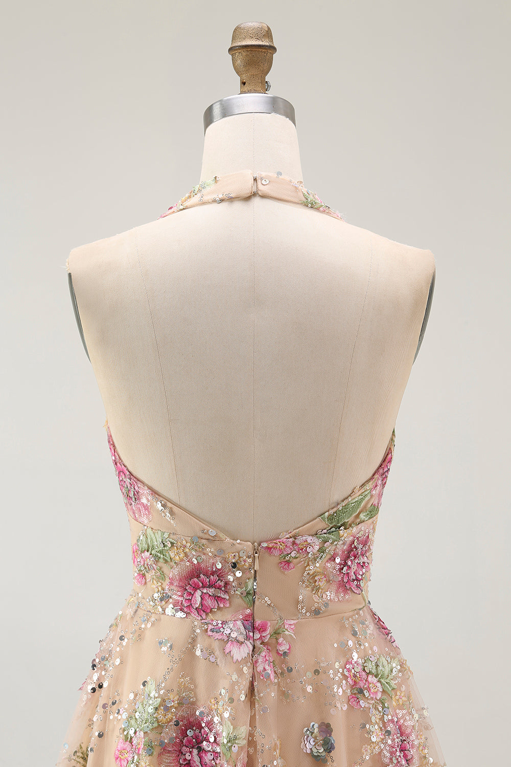 Sparkly Floral Champagne A Line Halter Short Homecoming Dress with Sequins