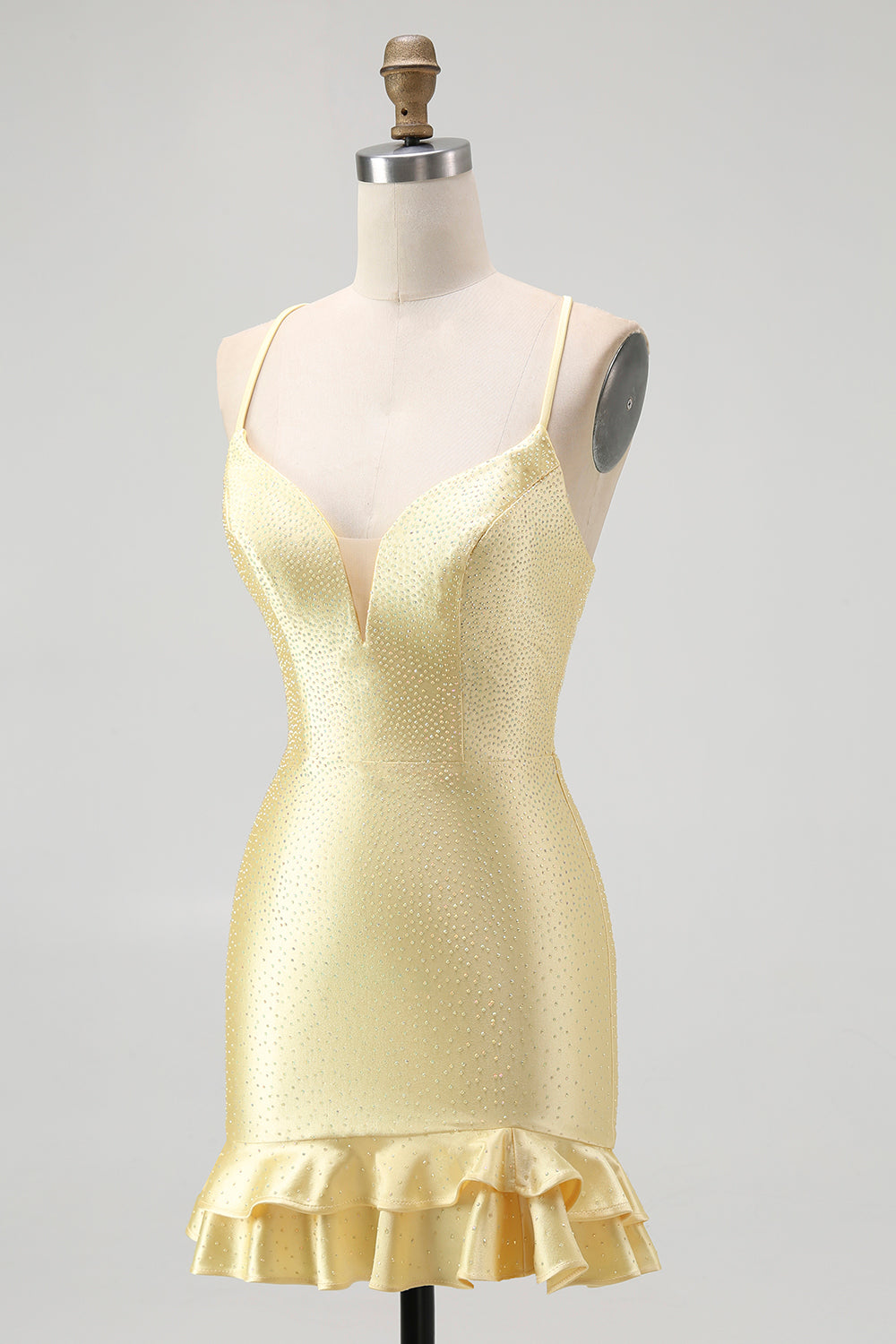 Sparkly Yellow Satin Spaghetti Straps Tight Beaded Short Homecoming Dress with Ruffles